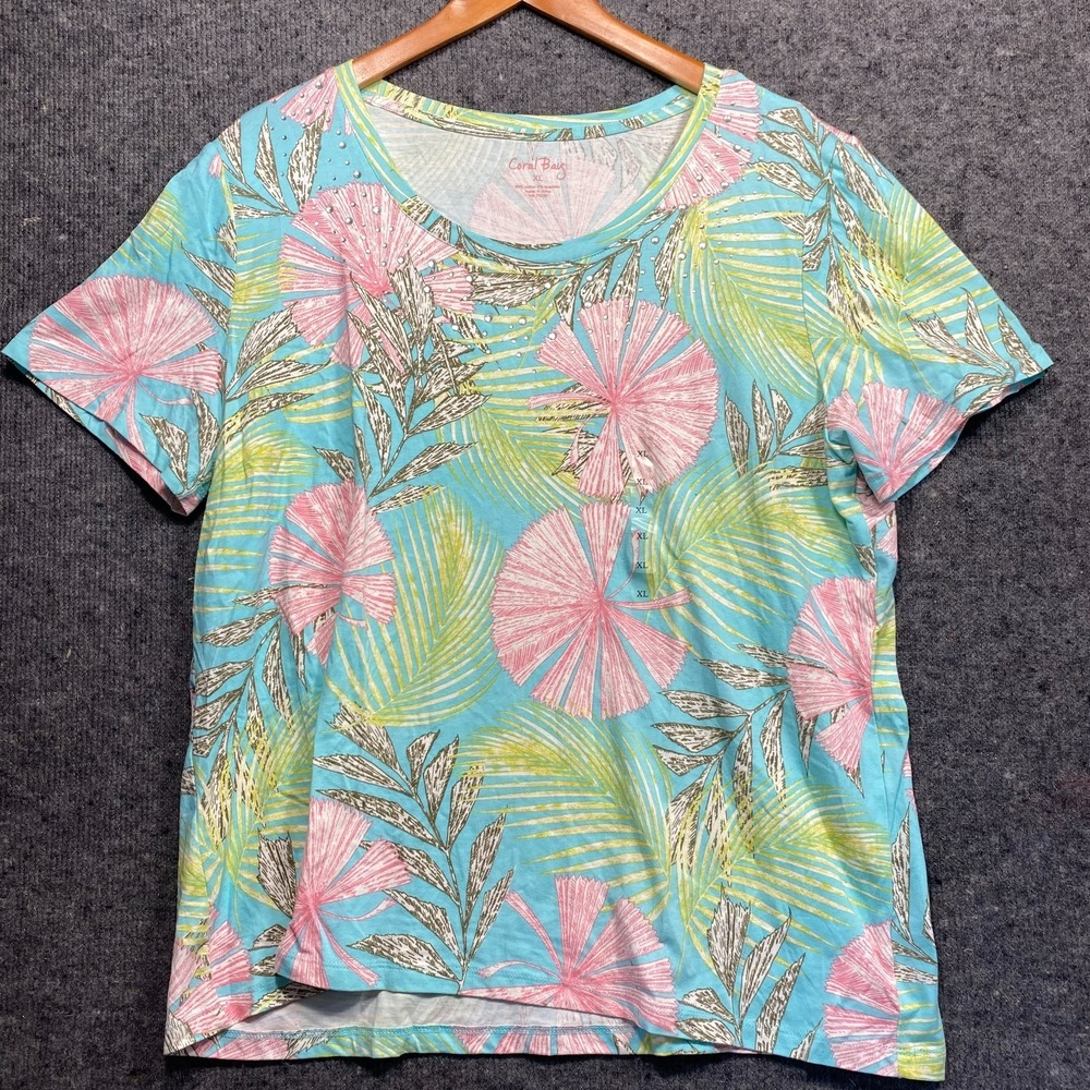 Coral Bay Women’s XL Palm Tee Sparkle Beaded Graphic Top Tropical